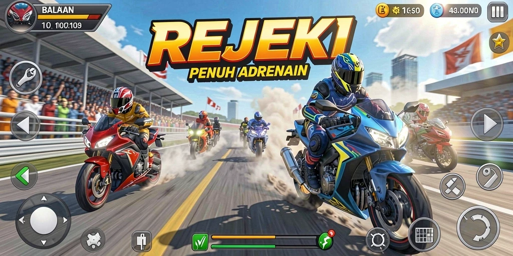 Tampilan gameplay mendebarkan dari balapan motor di REJEKI.