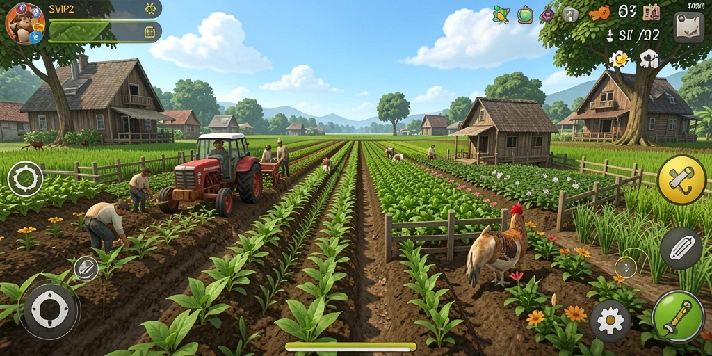 Tampilan gameplay SVIP2 yang menampilkan pertanian yang dinamis dan interaktif.
