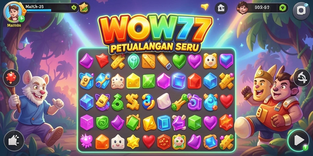 Tangkapan layar utama WOW77 menampilkan gameplay Match-3 yang seru.